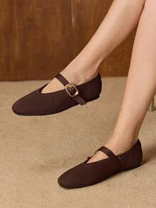 MOTF PREMIUM 女士方头搭扣平底鞋 - 咖啡棕 - 查看 1