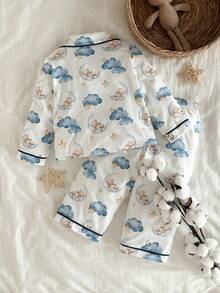 Cozy Pixies 2pcs Baby Boy Cartoon Animal Print Soft Knit Cardigan Jacket And Elastic Waist Pants Set Toddler Sleep Wear Pajama Baby Set Boy Pajamas Set Baby Pj Set Baby Boy Sleep Set Baby Boy Pajama Set - Multicolor - View 3