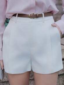 Elenary Edit Pantalones Cortos Tejidos Para Mujer Con Bolsillo Inclinado Y Costura Frontal - Beis - Ver 4