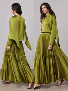 ZEYLAH 2pcs Women's Flowy Top With Pleated A-Line Midi Skirt Set, Spring - Olive Green - View 7