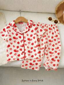 Cozy Pixies 2pcs Baby Girl Strawberry Print Lapel Long Sleeve Cardigan And Elastic Waist Pants Set - Red - View 1