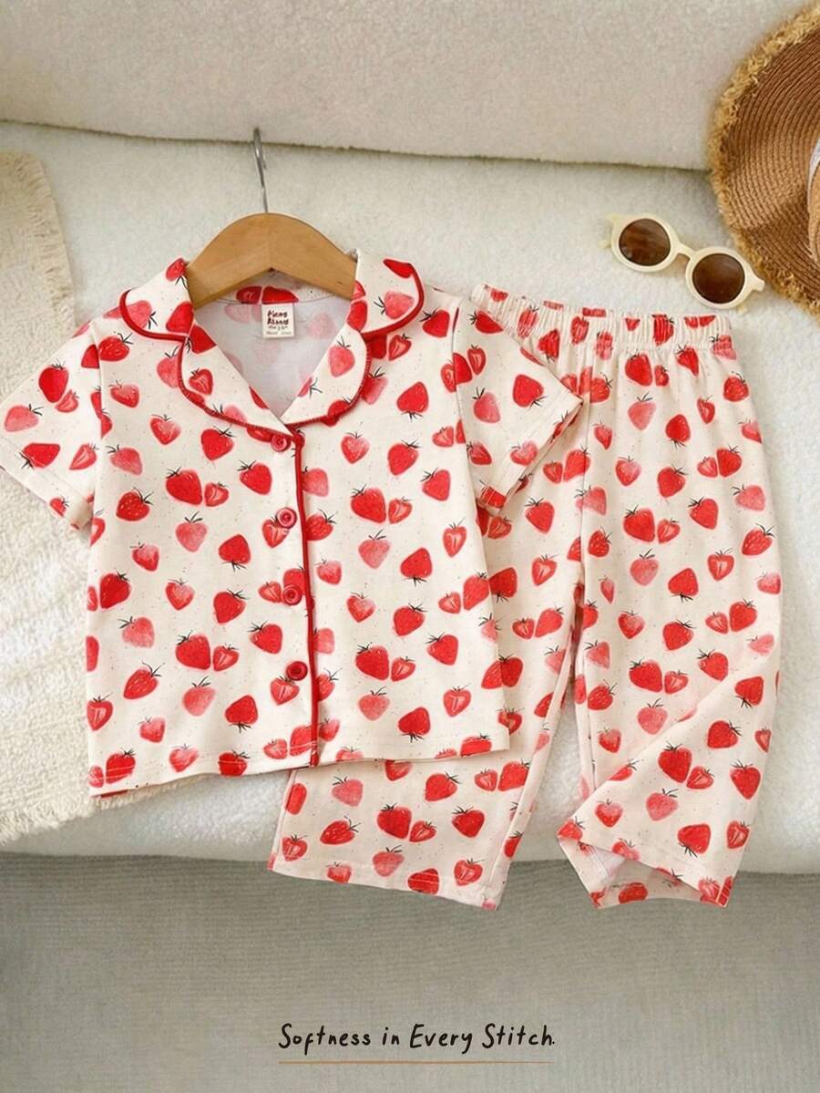 Cozy Pixies 2pcs Baby Girl Strawberry Print Lapel Long Sleeve Cardigan And Elastic Waist Pants Set - Red - View 1