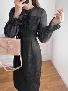 FRIFUL Women's Solid Color Round Neck Long Sleeve Flared Cuff Waist Fitted Dress, Versatile For Spring & Summer Sundress - Black - View 6