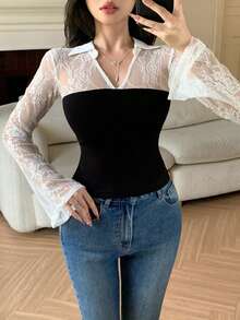 DAZY Black And White,Autumn,Elegant,Dinner Date Lace Hollow Out Contrast Color Splice Sheer Blouse,Flare Sleeves Slim Fit Long Sleeve Top For Women,Party - White - View 6