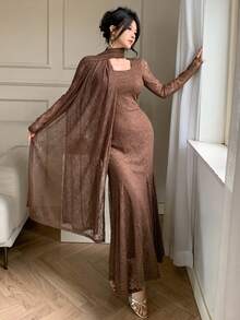 DAZY 春夏披肩领亮片修身连衣裙套装，优雅适合情人节、婚礼、派对、正式场合、时尚活动，修身美人鱼中长连衣裙，两件套女装 - 棕色 - 查看 2