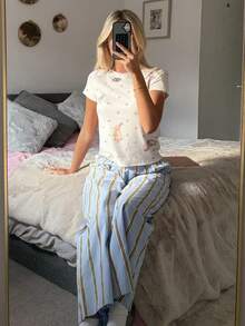 DAZY 动物波点印花上衣和条纹宽松睡裤女士睡衣套装 - 白色 - 查看 6