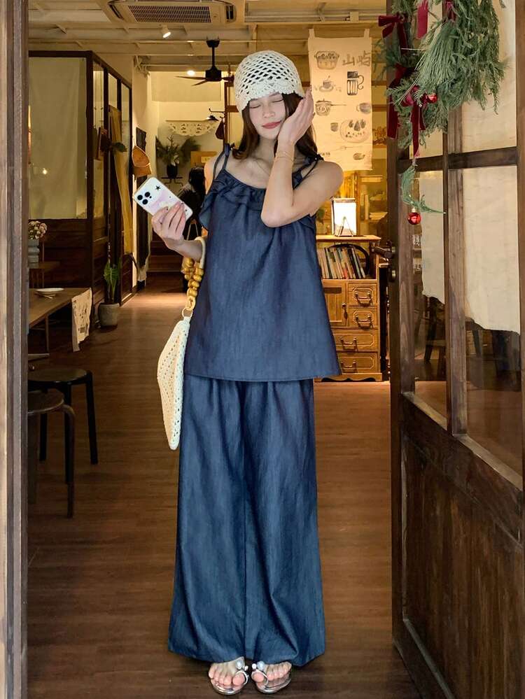 Women's Summer New Loose Blue Linen 2 Pieces Set, Ruffled Camisole Top And Wide Leg Pants
