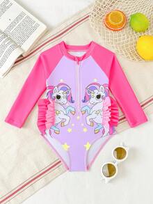 SHEIN Toddler Girl Island & Palm Tree Print Long Sleeve Zipper One-Piece Swimsuit, Cute Ruffle Raglan Sleeve Sun Protection Swimwear - Hot Pink - View 2