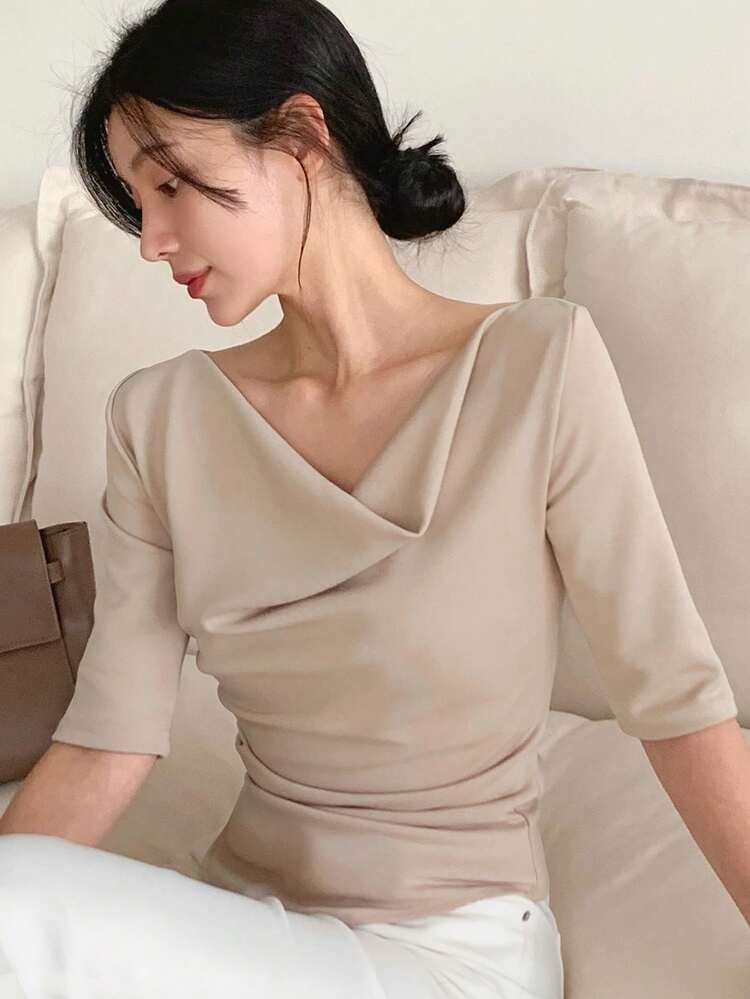 Women's Plunging Neck Cinched Waist Asymmetric Hem Backless Tie T-Shirt Summer