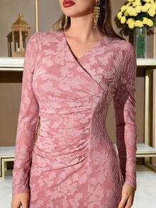 Modelyn V-Neck Pleated Cutout Knit Elegant Dress - Pink - View 3