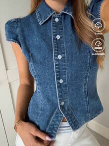 CovetEZ 女士休闲修身前扣牛仔衬衫 - 藍色 - 查看 6