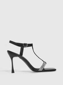 CUCCOO SZL 女士方头细高跟鞋，性感时尚水钻链条踝带，适合正装、派对、夜店等场合 - 黑色 - 查看 2