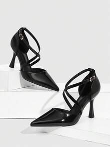 CUCCOO SZL Women Shoes Pointed Thin High Heel Black Thin Strap Cross Strap Hollow Women's Shoes Simple Elegant Fashion Sexy Party Banquet Women's High Heel Shoes Women's Shoes Spring Shoes - Mirror black - View 2