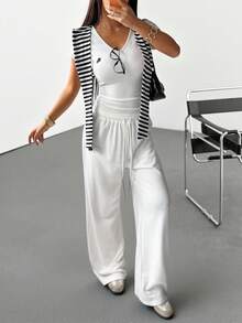 SHEIN EZwear Summer Women's Striped Sailor Collar Embroidered Graphic Short Sleeve Top And Drawstring Waist Wide Leg Pants Casual Outfit Summer Pants Sets - White - View 7