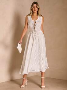 Enchnt 女士前系带无袖波点连衣裙，优雅收腰设计 - 白色 - 查看 3