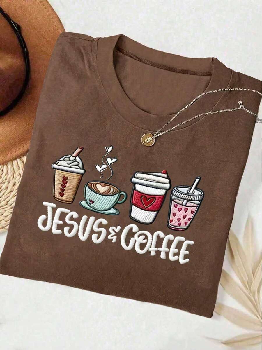 DrmWander Women's T-Shirt, Casual Street Style Graphic Short Sleeve T-Shirt, Cute Summer Top, Coffee Bean Embroidery Pattern Round Neck Women's T-Shirt - Brown - View 1