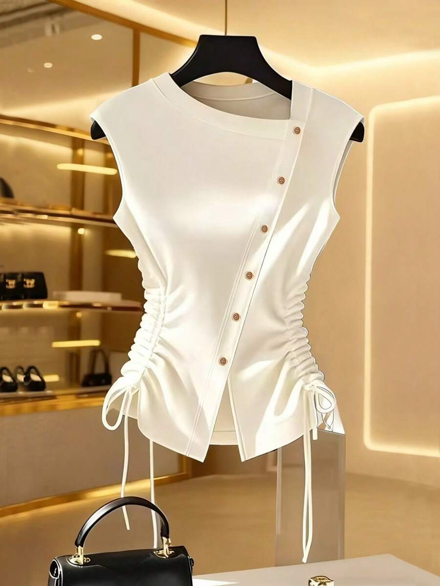 GlowEve 针织不对称领口，纽扣斜襟，落肩袖，配褶裥蝴蝶结，优雅精致的通勤休闲T恤上衣，女士款，白色，夏季 - 白色 - 查看 1