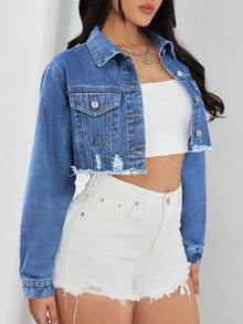 SHEIN Unity Solid Color Frayed Hem Front Button Distressed Denim Long Sleeve Jacket - Medium Wash - View 4