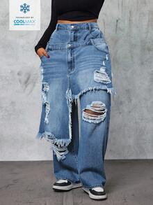 Slaydiva Plus Size Women Distressed Waistband Wide Leg Loose Fit Jeans - Blue - View 1