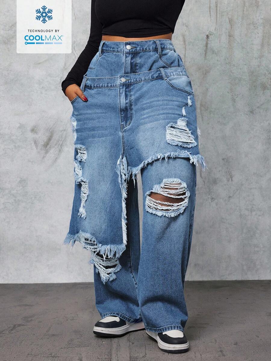Slaydiva Plus Size Women Distressed Waistband Wide Leg Loose Fit Jeans - Blue - View 1