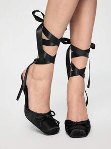 ROMWE Goth Spring New Elegant And Fashionable Ladies High-Heeled Square Toe Ankle Strap Satin Bow Ballet Toe Cap Black Bottom Sandals - Black - View 3