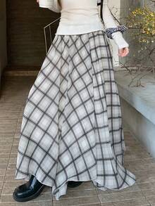 DAZY Women's Casual Commuter Plaid Long Skirt - Apricot - View 3