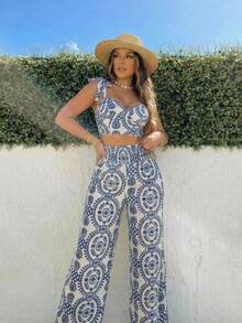 SHEIN SXY 女士度假植物印花露脐吊带背心和长裤时尚套装 - 彩色 - 查看 4