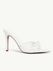 CUCCOO CHICEST 女士白色PU蕾丝网眼拼接春夏蝴蝶结元素时尚性感尖头细高跟拖鞋 - 純白 - 查看 4