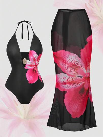 Swim Oasis 大码休闲度假金属装饰连体泳衣套装