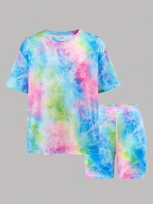 少女休闲日常街头风扎染宽松T恤和打底裤两件套 - 彩色 - 查看 6