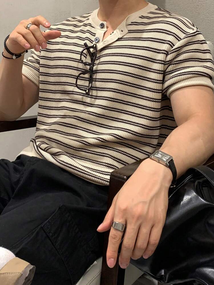Men's Striped Polo Collar Knit Top, Summer