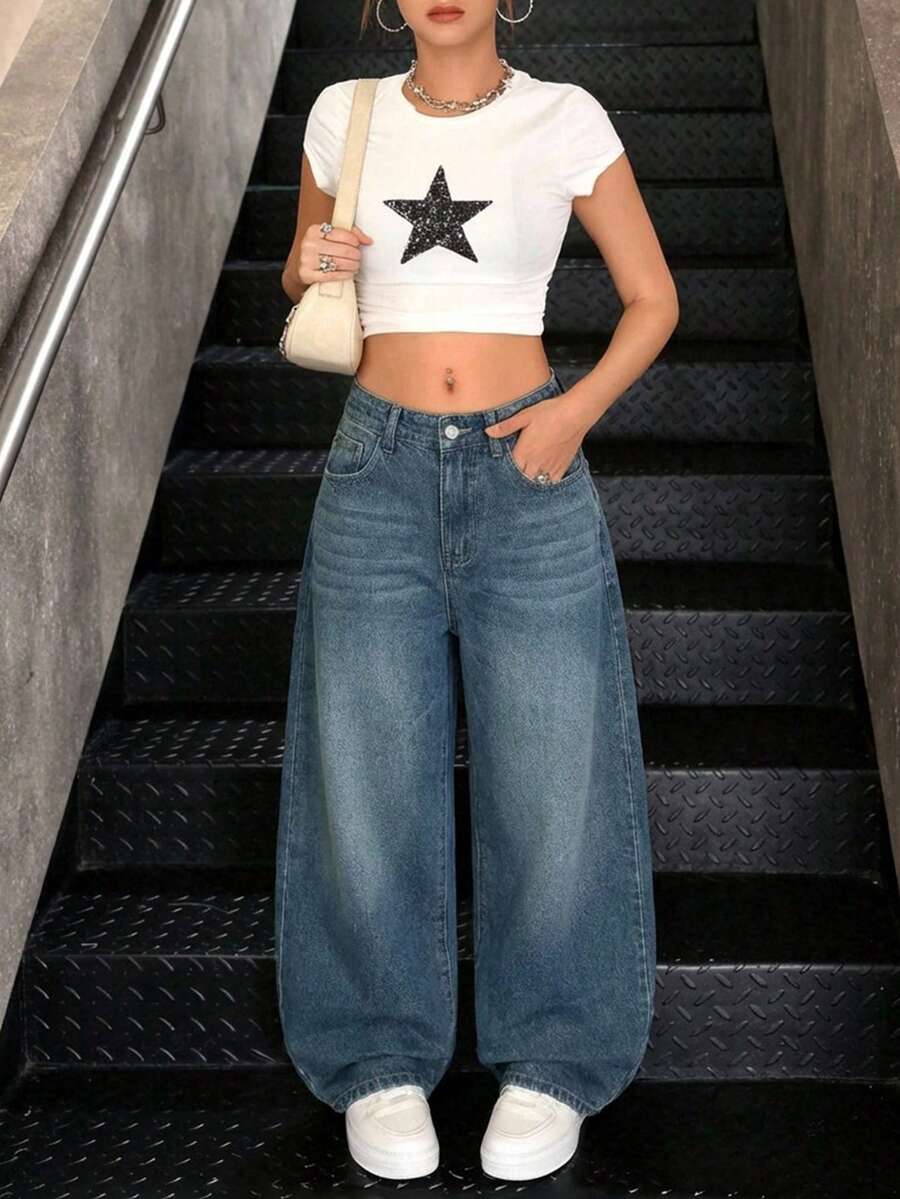 EURMUSE Women's Fashionable Casual Blue Loose Denim Pants - Baby Blue - View 1