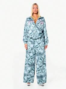 SUMWON WOMEN Áo hoodie dáng rộng in hình tiền đô la, có khóa kéo và túi giữa, phong cách đường phố, thời trang đô thị. - Nhiều màu - Xem 3