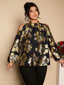 Cravure 大码女式立领长袖箔片装饰礼服衬衫 - 黑色 - 查看 4