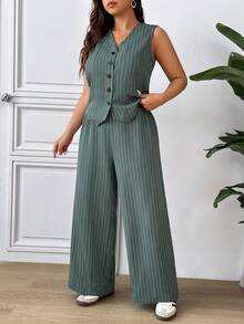 Lounesse Plus Size Elegant Casual Commute Vest, Shirt And Straight Leg Pants - Green - View 6