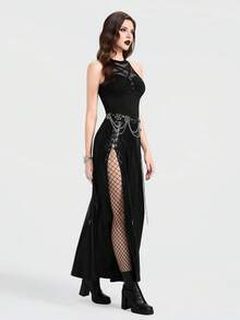 Breakform Áo tank top ôm sát kiểu Gothic gợi cảm dành cho nữ, cổ tròn, khoét rỗng, họa tiết hình thoi, lưới, xếp ly, dây da giả trang trí, khóa kim loại hình chữ D. - màu đen - Xem 6