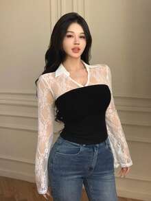 DAZY Black And White,Autumn,Elegant,Dinner Date Lace Hollow Out Contrast Color Splice Sheer Blouse,Flare Sleeves Slim Fit Long Sleeve Top For Women,Party - White - View 7