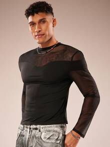 FeverCity Men's Semi-Transparent Mesh Patchwork Round Neck Pullover Long-Sleeved T-Shirt - Black - View 5