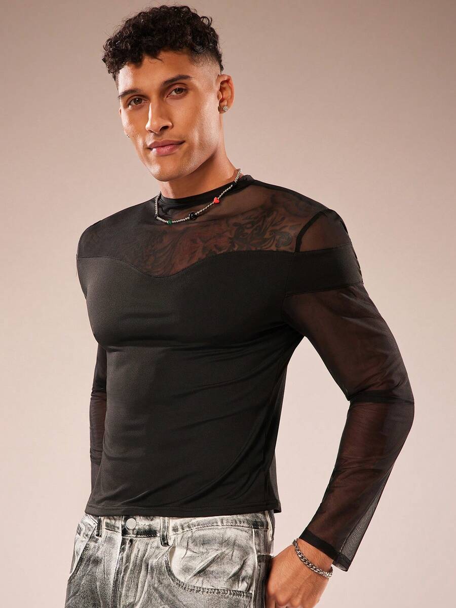 FeverCity Camiseta de manga larga con cuello redondo, parches de malla semitransparente para hombres - Negro - Ver 1