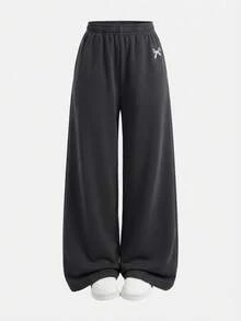 SHEIN 少女蝴蝶结印花T恤和打底裤两件套，休闲日常时尚百搭 - 深灰色 - 查看 9