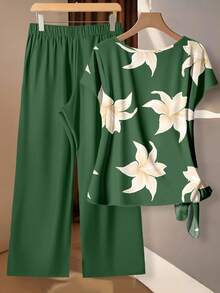 EMERY ROSE Women's Blouse With Tie Bow & Floral Print, Loose Straight Leg Pants 2 Pieces Set,Casual - Multicolor - View 3