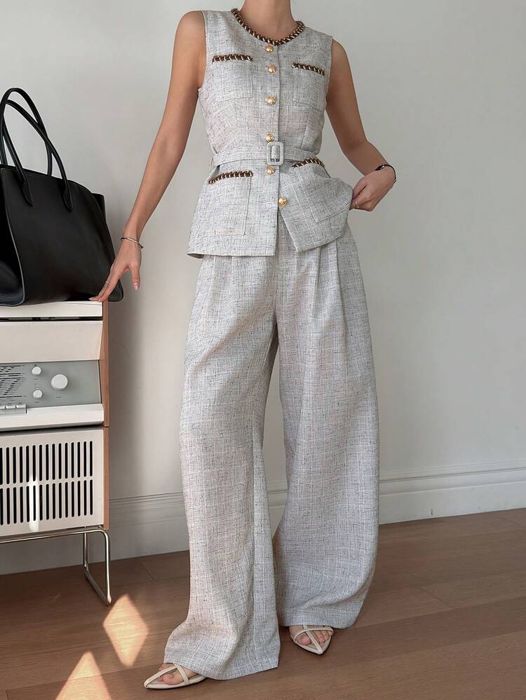 Women's Contrast Trim Patchwork Vest And Loose Wide Leg Pants Elegant Urban Casual Suit