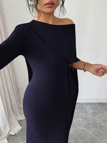 Elenzga Navy Blue Autumn Elegant Dining Asymmetric Shoulder Cape Style Long Dress,Chic Slim Fit One Off The Shoulder Lightweight Formal Gown For Women - Navy Blue - View 6