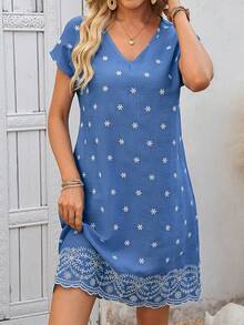 EMERY ROSE Vestido casual mini con cuello en V y decoración floral blanca para mujer - Azul - Ver 6