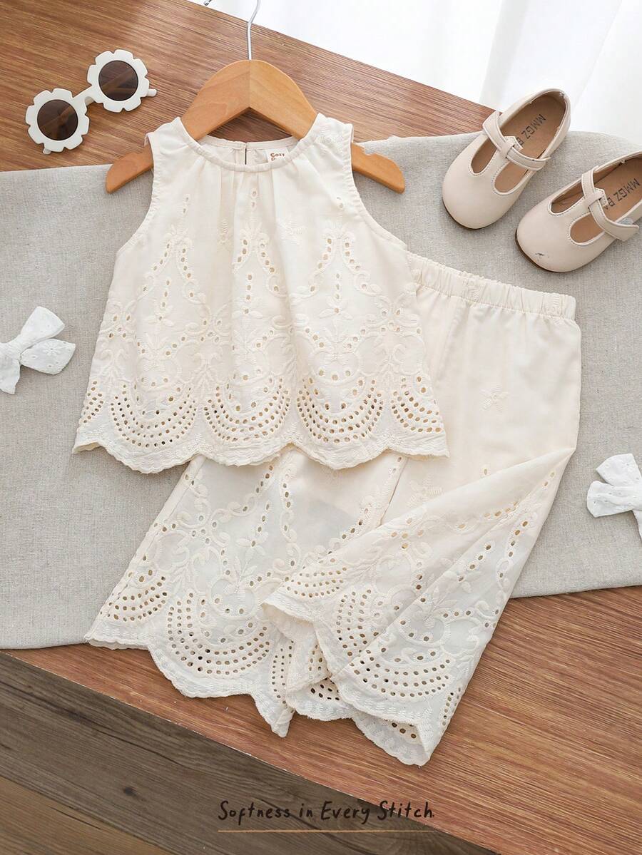 Cozy Pixies Babygirl Cute Summer Vacation White Floral Embroidery Loose Camisole And Elastic Waist Pants Set - Apricot - View 1