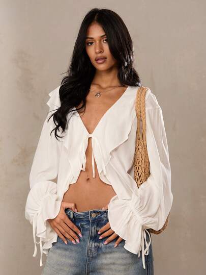 SHEIN BAE Elegant Linen Blend Ruffled Sheer Flowy Blouse, Suitable For Beach, Brunch, Casual Wear, Ruffled Blouse, White Blouse, Graceful Blouse, Outgoing Blouse,Summer Outfit For Women,, Festival Outfits For Women,Beach Vacation Outfits For Women,Going Out Tops For Women,Elegant Women's Blouses,Casual Blouses For Women,White Top,Linen Top, Easter Outfit, Peplum Top , Ruffle Top Cropped Blouse Tie Up Top Boho Blouses Sexy Blouses