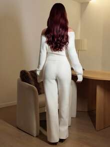 Abrilcols 2pcs Women's Off-Shoulder V-Neck Lace Strap Loose Wide Leg Pants Knit Sweater Set, Cozy Home Outfit - White - View 2