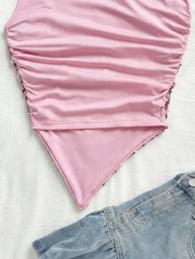 Soleia Women's Asymmetric Hem Asymmetrical Shoulder Top, Casual For Vacation, Beach, Wedding Guest, Graduation Brunch, St. Patrick's Day, Spring Break, Easter, Music Festival, Elegant Boho Tropical Party, Sequin Embellished, Brown, Valentine's Day,Valentine's Day Outfit ,Shiny Top,Pink Top - Pink - View 3