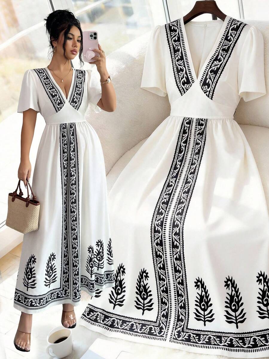 Elenzga 2026春夏新款女士度假印花连衣裙 - 杏色 - 查看 1