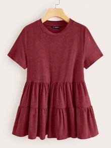 SHEIN LUNE Plus Size Casual Solid Color Ruffle Hem T-Shirt, Summer - Red - View 1